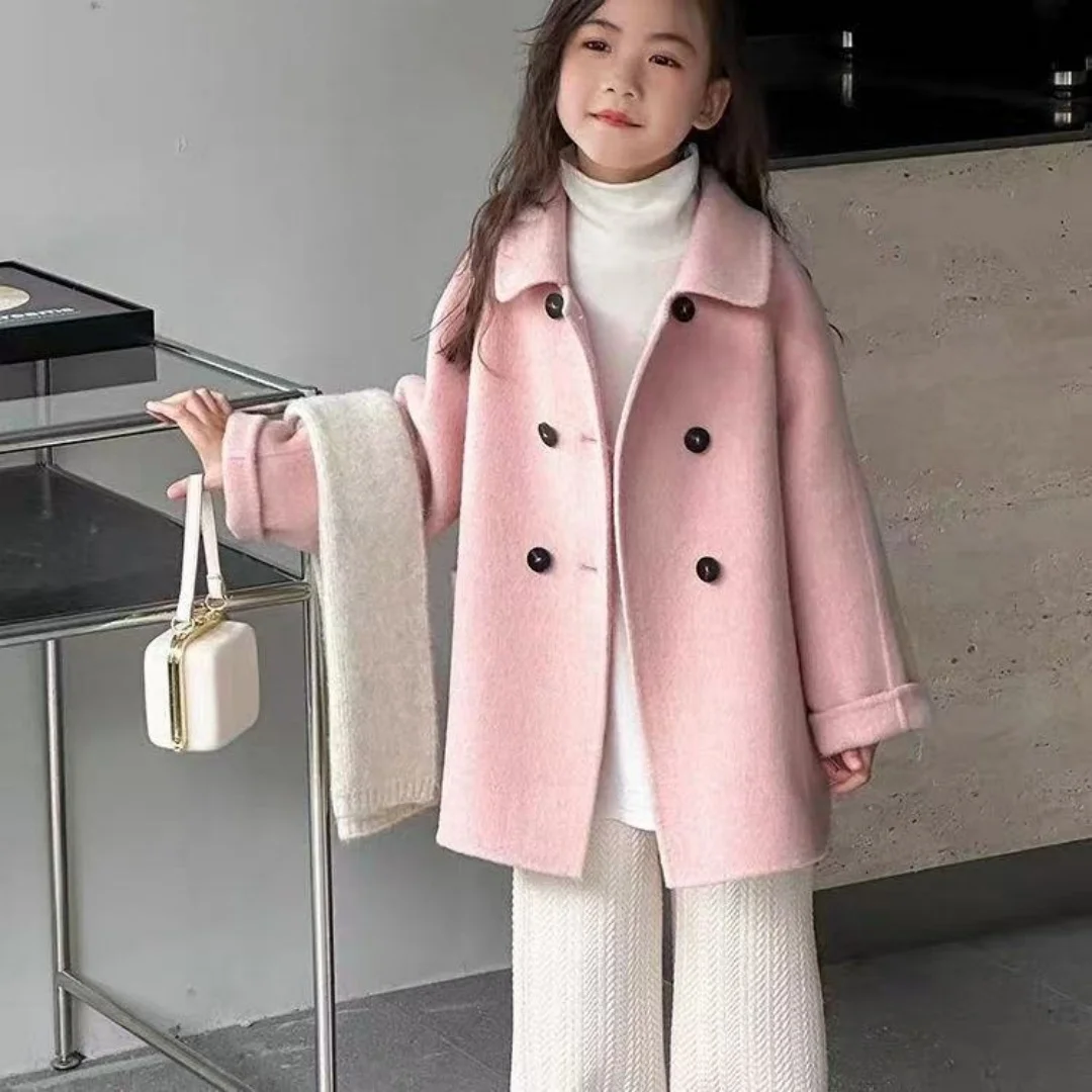 Girls Autumn Winter Coat New Fashion Children's Solid Color Double-Sided Wool Trench Coat Mid-Long Blazer Collar Outerwear