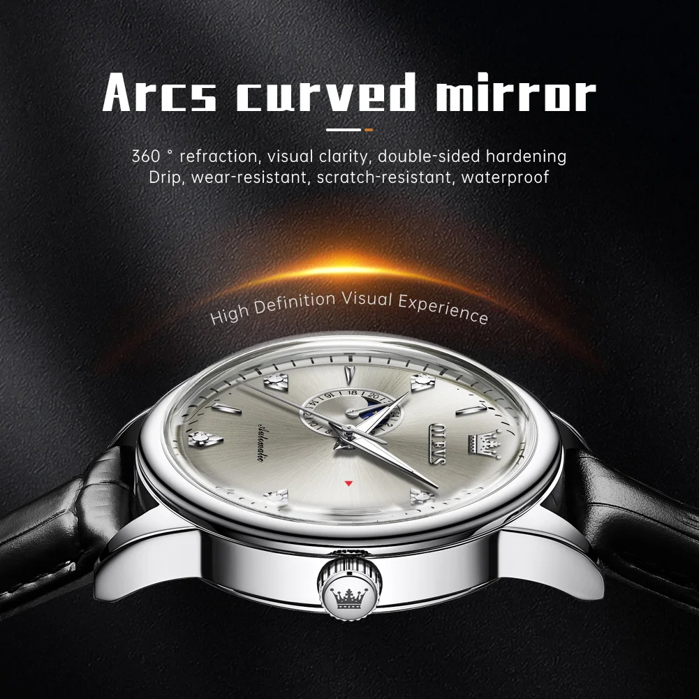 OLEVS 7040 Automatic Man Watch Fashion Arched Glass Anti-Scratch Mirror Waterproof Moon Phase Auto Date Mechanical Men's Watch