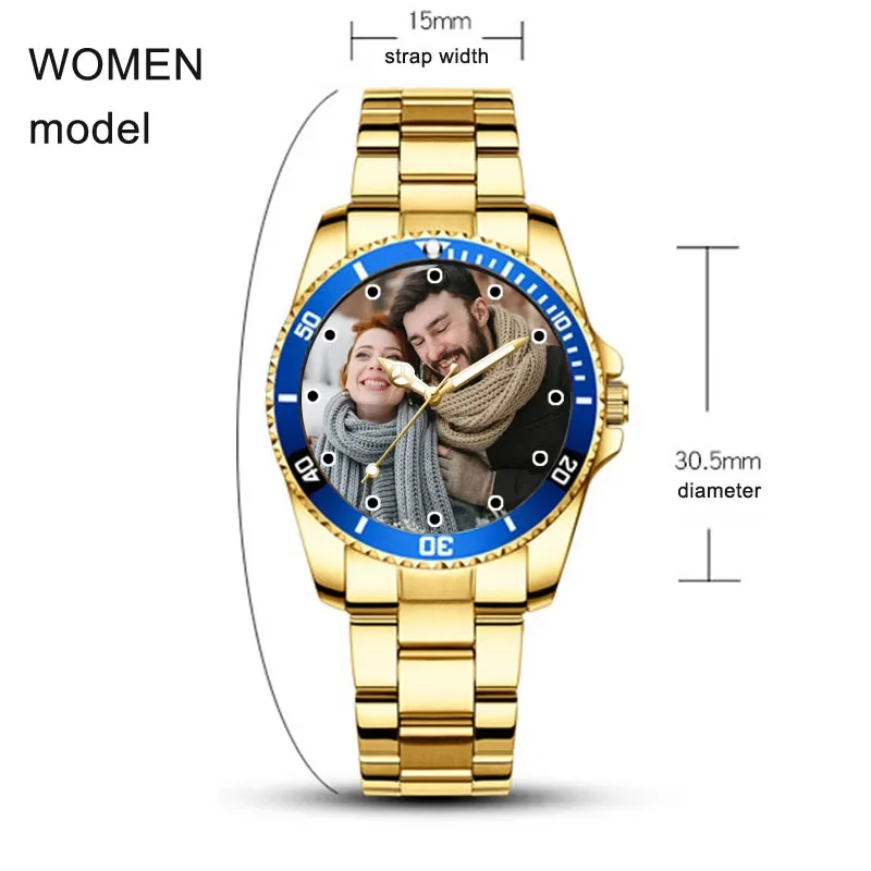 A3336W سيدة ووتش مخصص ووتش الفولاذ المقاوم للصدأ النساء الذهبي صورة الطباعة على مدار الساعة شعار صورة شخصية مخصصة ساعة اليد