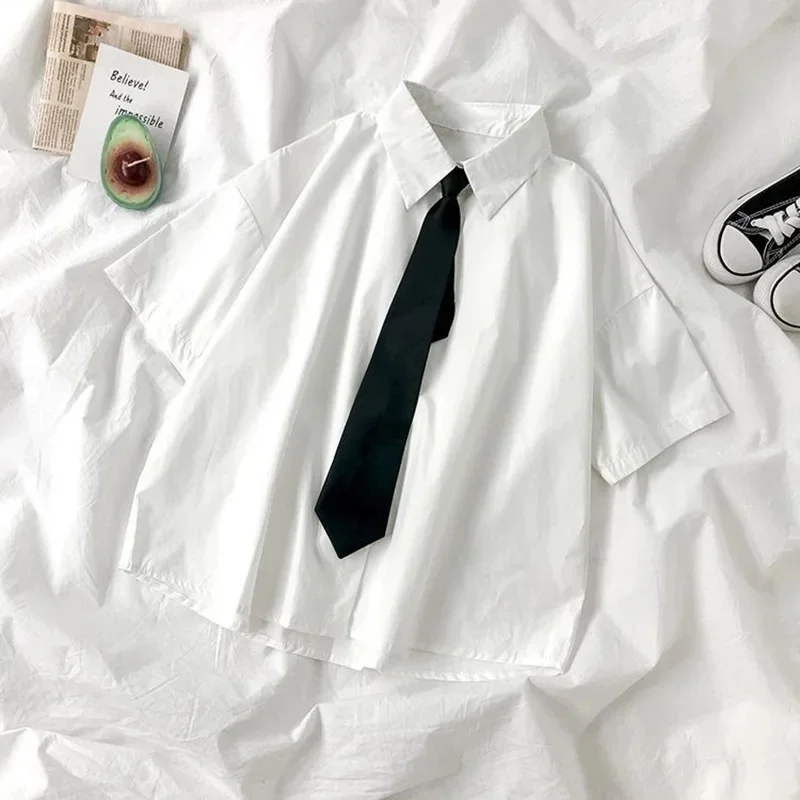 White Shirt Women Blusas Short Sleeve Lapel Blouse with Tie Japanese Fashion St…