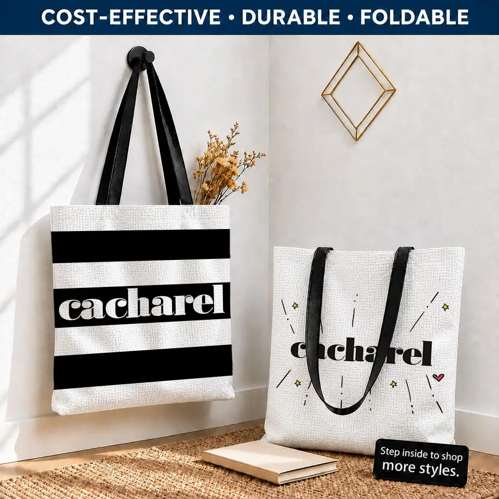 Bolsas de Almacenamiento con Logotipo de la Marca Cacharel, Bolsa de Compras Reutilizable, Plegable y Ligera, de Lona de Poliéster, con Asas de Hombro