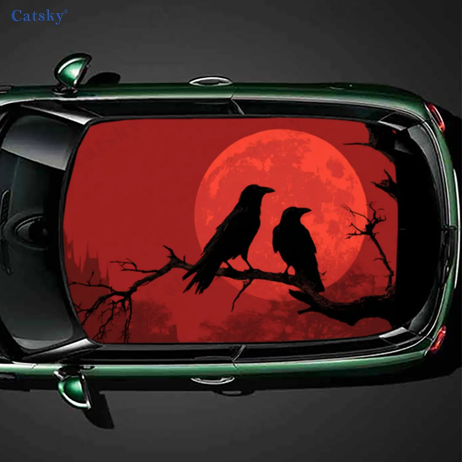 

Gothic Raven Blood Moon Castle Charm Car Roof Sticker, PVC Self-Adhesive Waterproof Car Vinyl Decal, Car Decoration Protection S