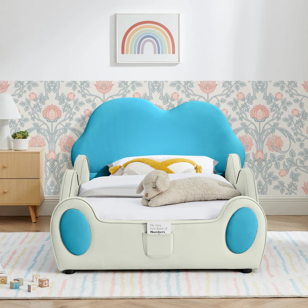 

Twin Size Cloud Shape PU Leather Kids Bed: Guardrails, Safety, Blue&Beige & Storage Pocket