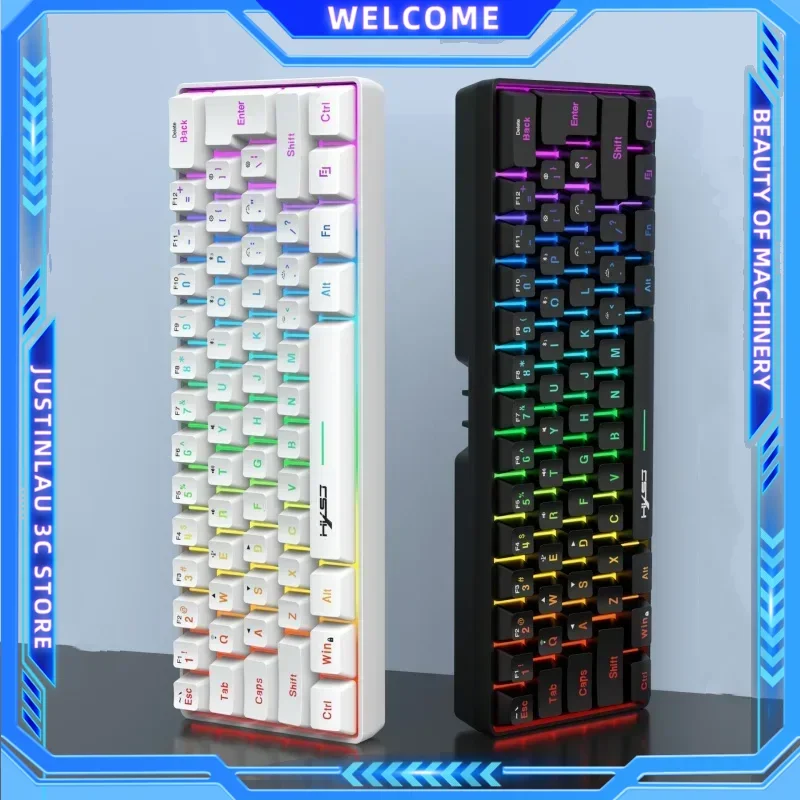 1Pcs Portable Gaming Keyboard Three-mode RGB Colorful Backlit Keyboard 68 Keys Silence Keyboard Mechanical Wireless Keyboards