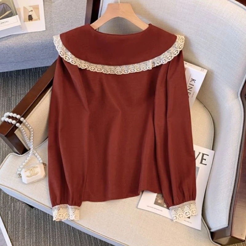 

Long Sleeve Lace Patchwork Fashion Blouse Spring Autumn Polo Neck Button Contrast Vintage Shirt Tops Casual Office Women Clothes
