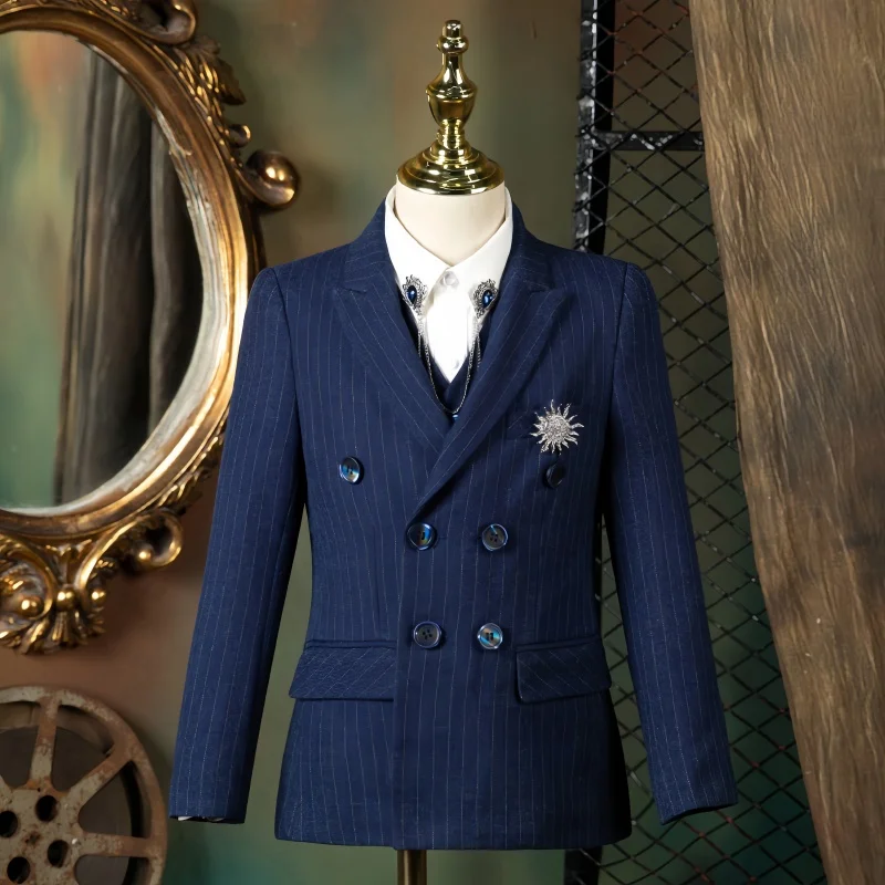 بدلة أطفال مخططة باللون الكحلي مكونة من ثلاث قطع سترة وسترة وبنطلون كلاسيكي عتيق ملابس زفاف للأولاد وحفلات أعياد الميلاد