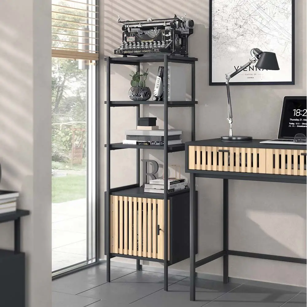 

！@Combohome Wood and Metal Bookcase, Living Room Corner Shelf with a Cabinet ,Black/wood, 40x32x160cm