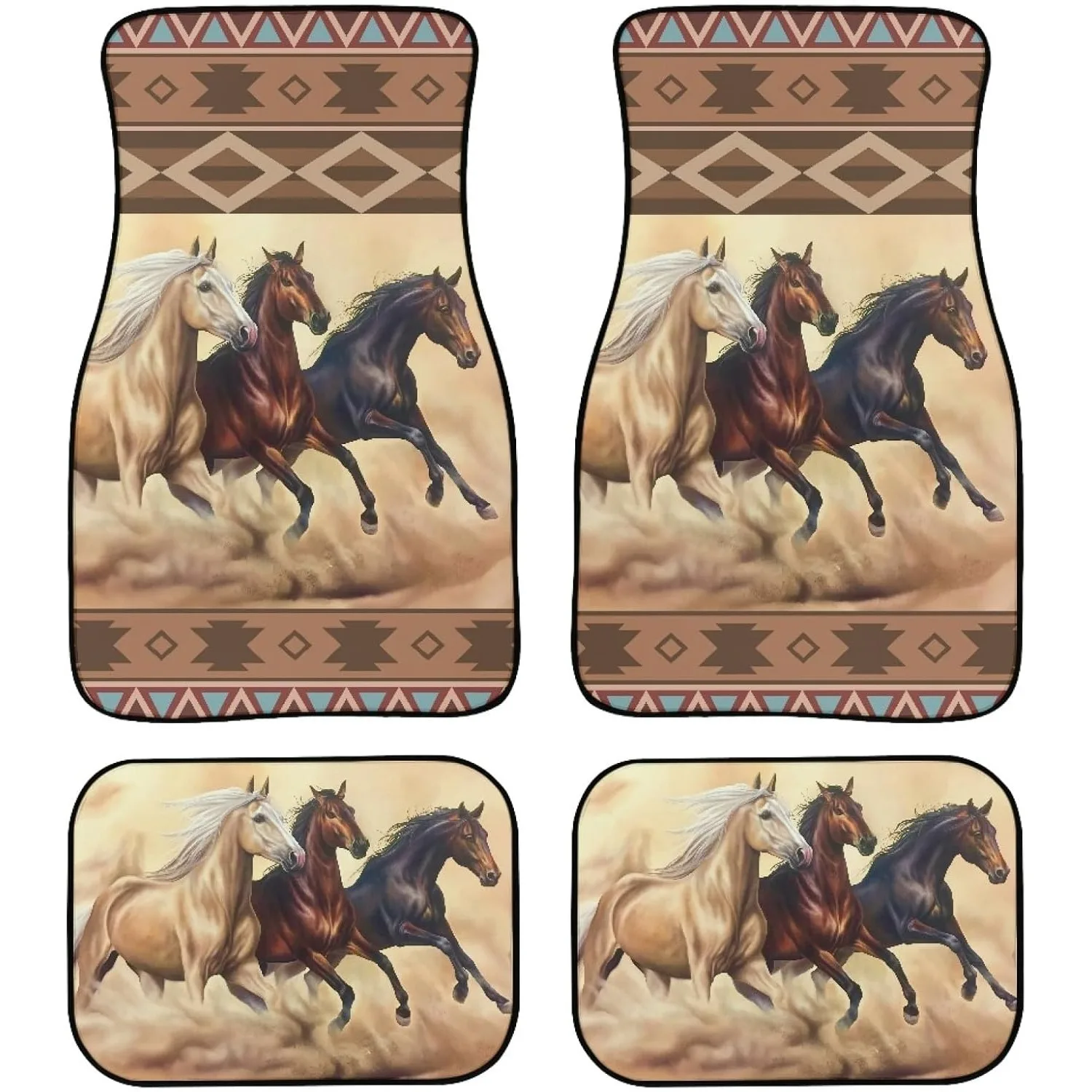 Horse Pattern Car Floor Mats | Aztec Ethnic Style Three Horses Run In Desert Sandstorm, Polyester, Universal Fit For Front And R
