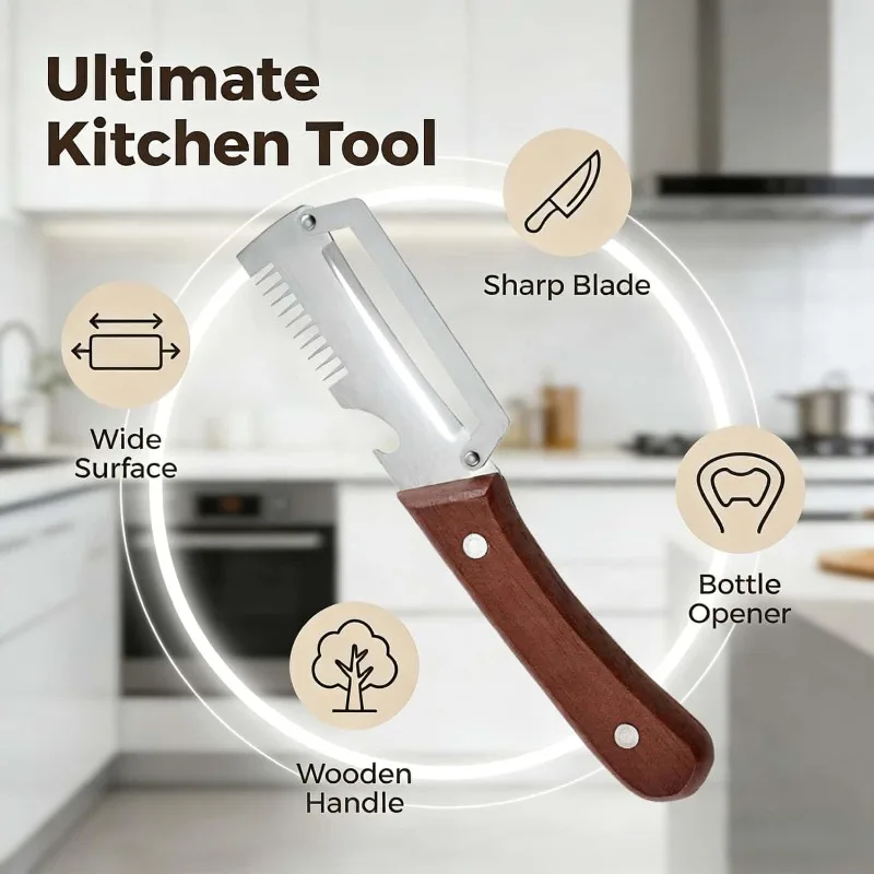 Stainless Steel Fruit Peeler 3 in 1 Kitchen Peeling Knife with Wooden Handle and Bottle Opener Fruit and Vegetable Scraping Tool