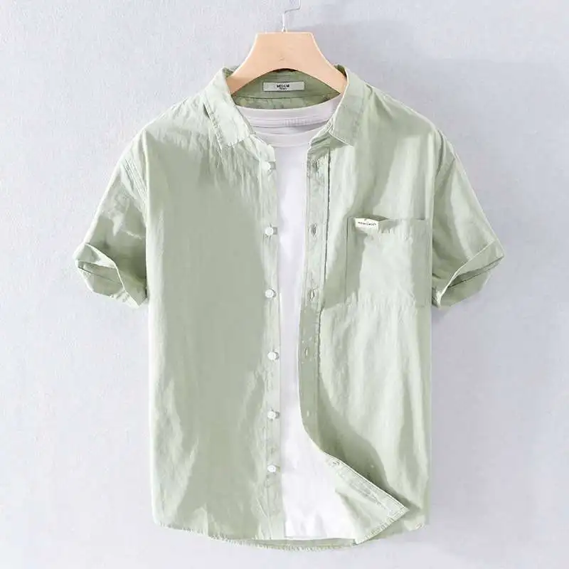 

Summer Men's Comfortable Cotton irt New Color Youth Loose Fit ort Sve Flip Collar Pure Color Daily Wear Thin Model
