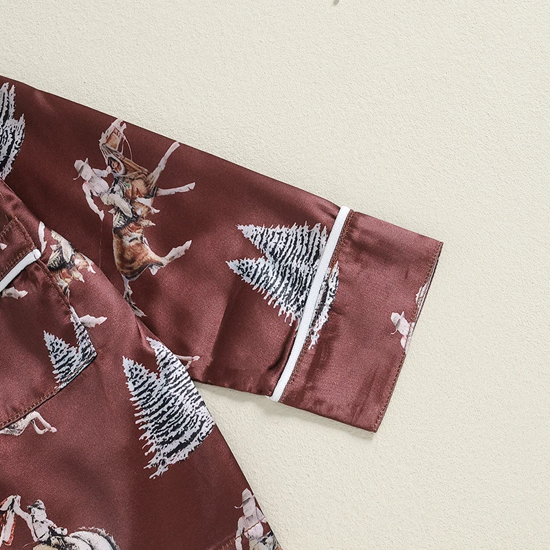 小さな女の子と男の子のためのクリスマスパジャマセット,馬のプリント,木,長袖,ラペルポケット,パンツ付きトップス,パジャマ,衣類