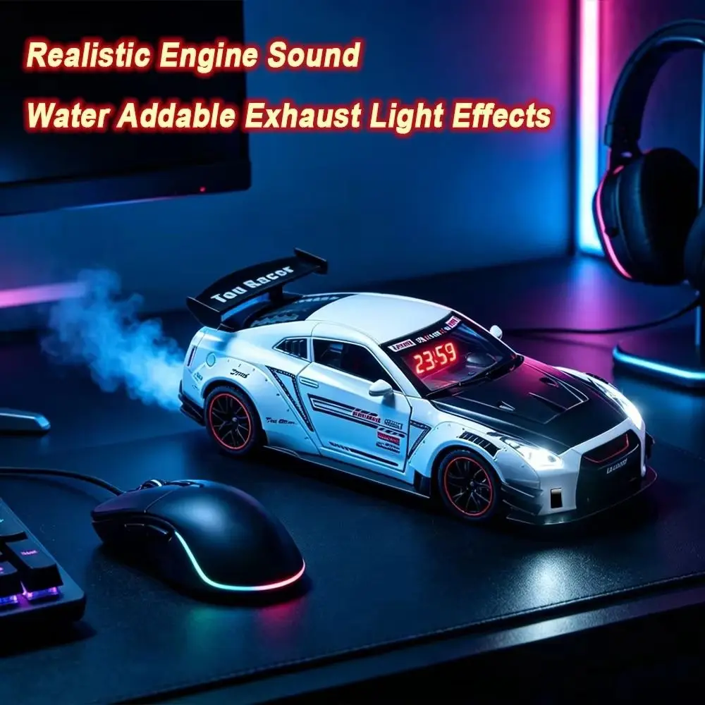 Rechargeable Hypercar Alarm Clock Alloy Body LED Display Supercar Alarm Clock Water Addable Spray Effect Car Model Clock