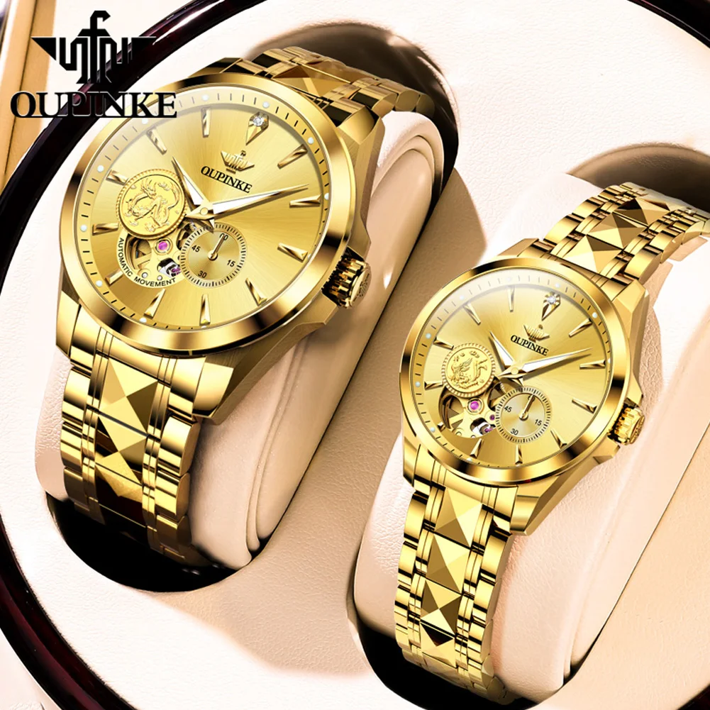 OUPINKE 3260 Real Gold Real Diamond Couple Watch Pair for Men Women Skeleton Chronograph Luxury Automatic Mechanical Wristwatch