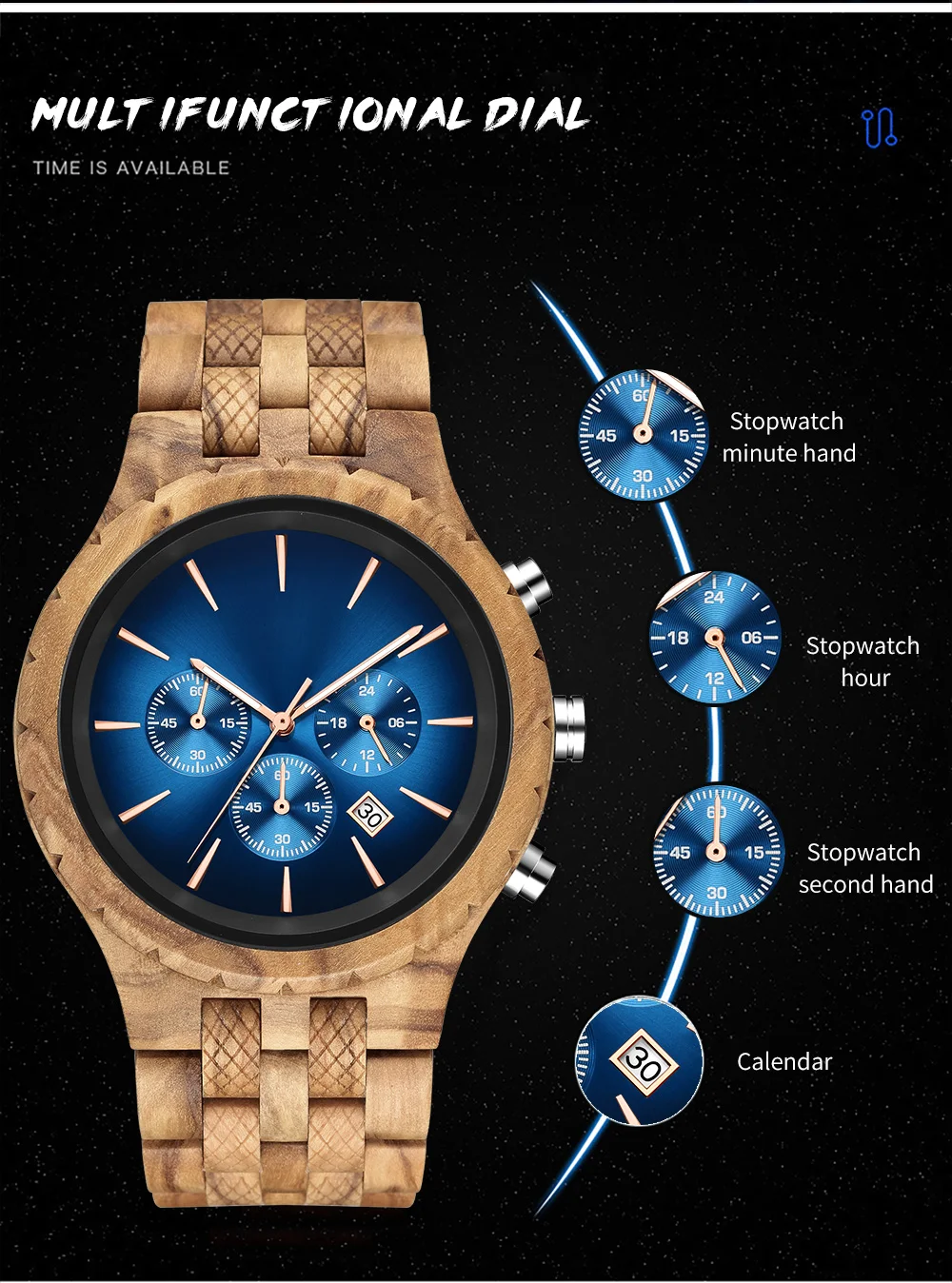 KUNHUANG, reloj de madera hecho a mano, esfera multifunción, reloj de cuarzo para hombre, cronógrafo luminoso de lujo, logotipo personalizado, reloj masculino