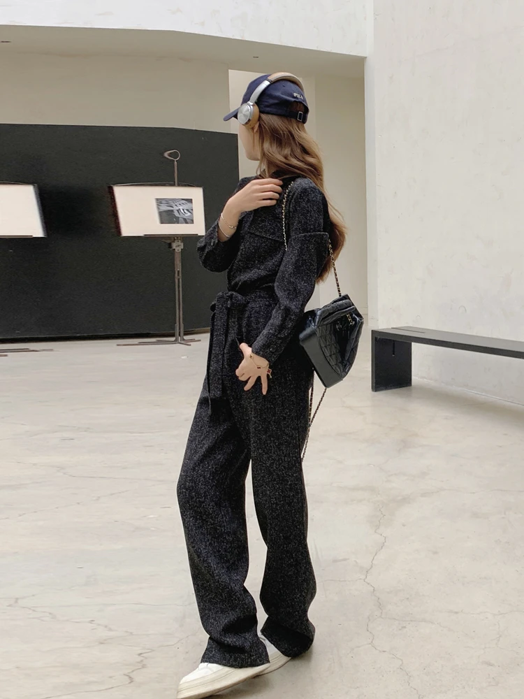 Kombinezon damski z szerokimi nogawkami i wysokim stanem, styl casual, koreański styl, wiosna 2025, efekt odmładzający, styl uliczny, jednoczęściowy.