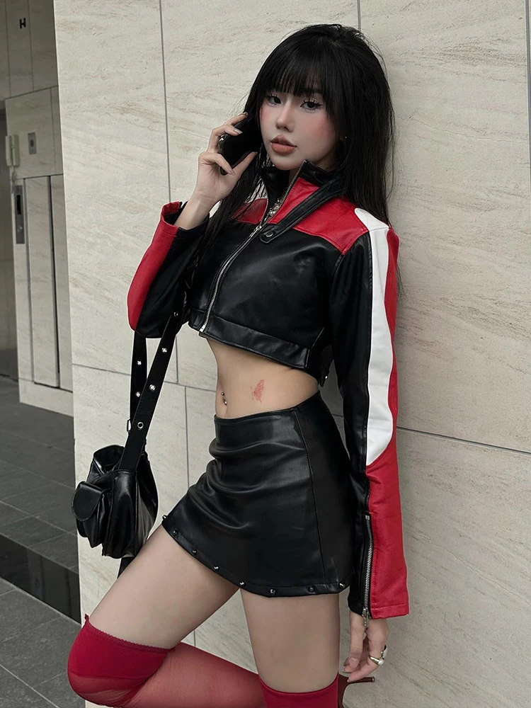 

SIsterlinda Trend Faux Leather 2 Piece Set Women Coquette Color Blocking Zip Button Jacket+Skinny Peach Hip Skirt Party Clubwear