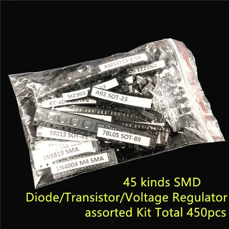 45 Arten von häufig verwendeten SMD-Dioden, Transistoren und Spannungsreglern, insgesamt 450 Stück, gemischtes Sortiment an elektronischen Komponenten