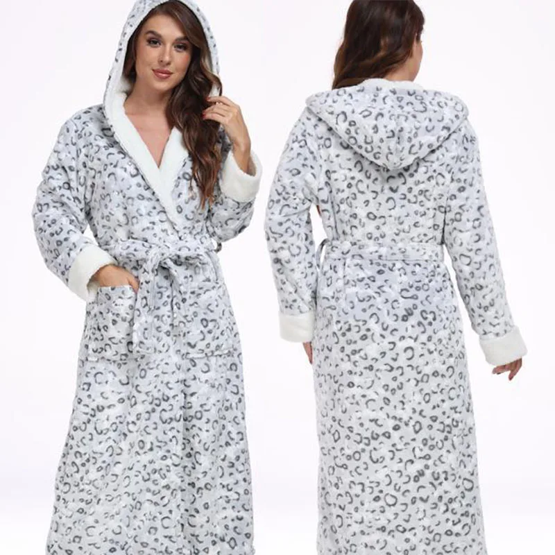 

Thicken Flannel Hooded Long Robe Kimono Bathrobe Gown Autumn Winter Women Sleepwear Home Dress Sexy Leopard Negligee Loungewear