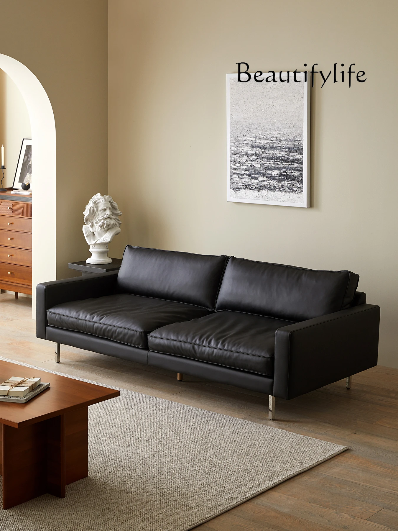 Sofa Living Room Home Straight Row One-Line Sofa Modern Simple Black Leather Sofa