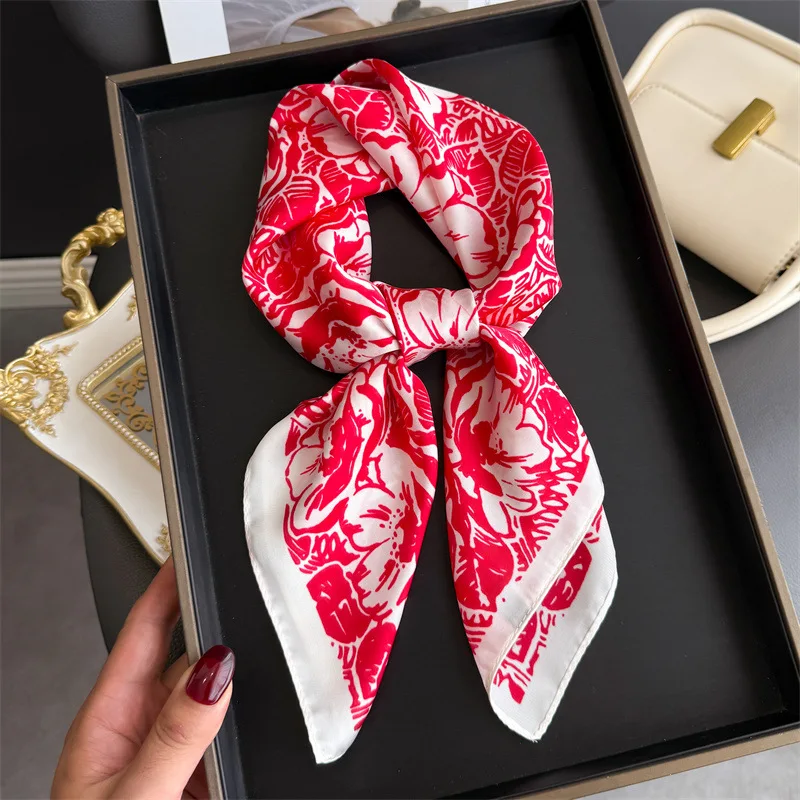 

New Summer Sunscreen Print 70cm Square Beach Satin Scarf Casual Elegant Thin Breathable Neck Women Head Wrap Hair Scarves