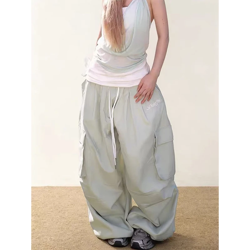 Sweet Embroidered Casual Trousers Women Japanese Versatile Trend Summer High Waist Loose Multi Pocket Wide Leg Cargo Pants