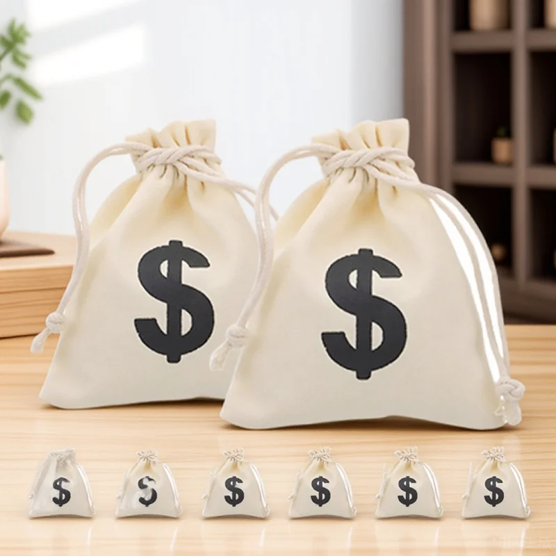 

8Pcs Canvas Drawstring Bags Money Sign Design Gift Pouches for Jewelry Coins Candies Party Treats Holder Money Bag