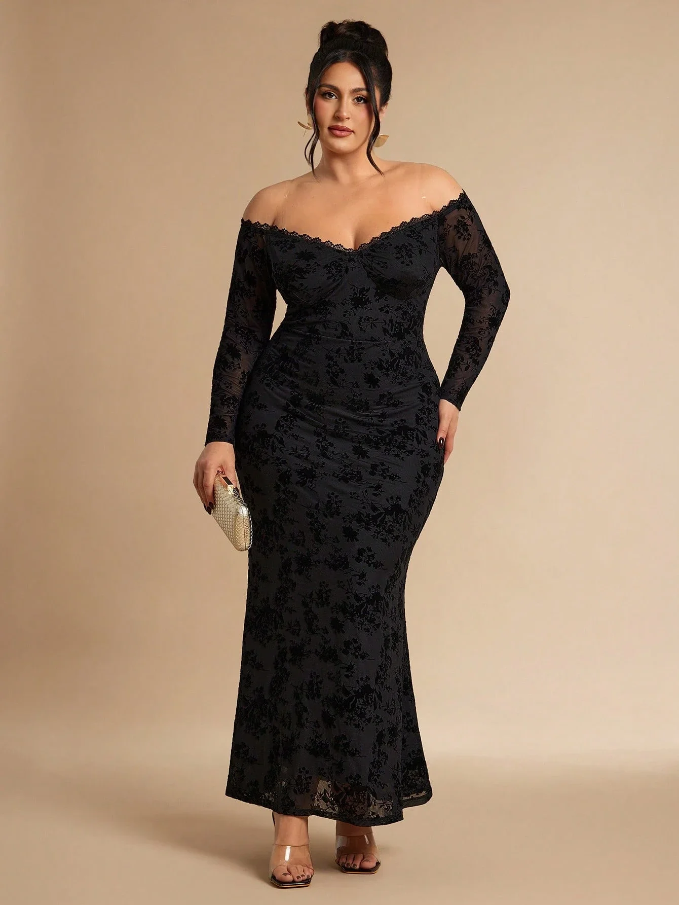 

Plus Size Off Shoulder Long Sleeve Floral Lace Evening Dress