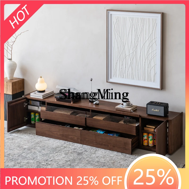 

FG Black Walnut TV Cabinet Solid Wood Vintage Style Living Room Simple Floor Storage Cabinet