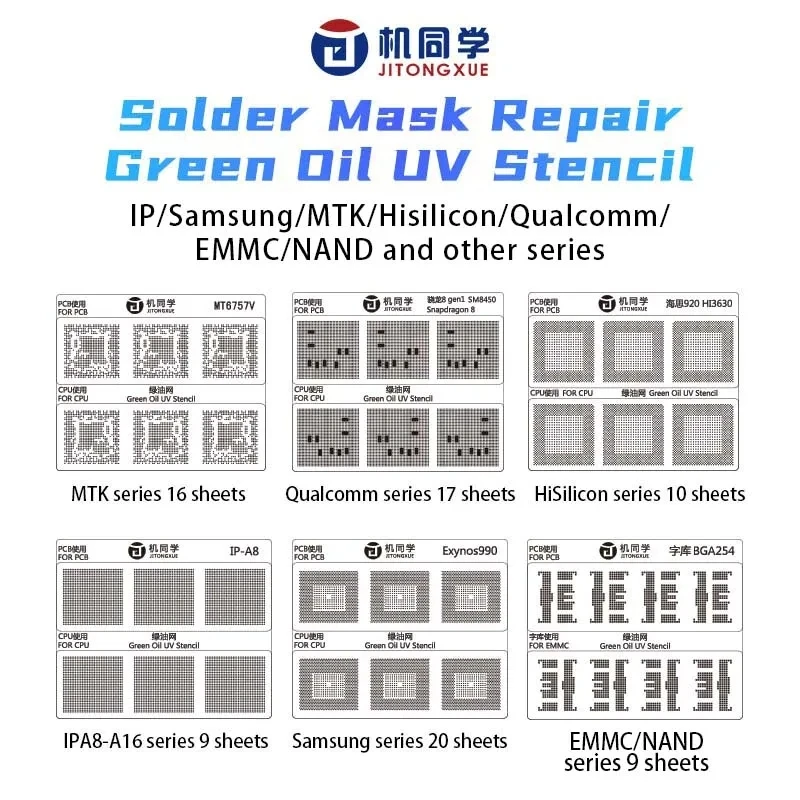 JTX 72PCS Solder Mask Repair Green Oil UV Stencil For IPhone/ Qualcomm/Hisilicon/Samsung CPU IC Chip BGA Reballing Plastic Mesh