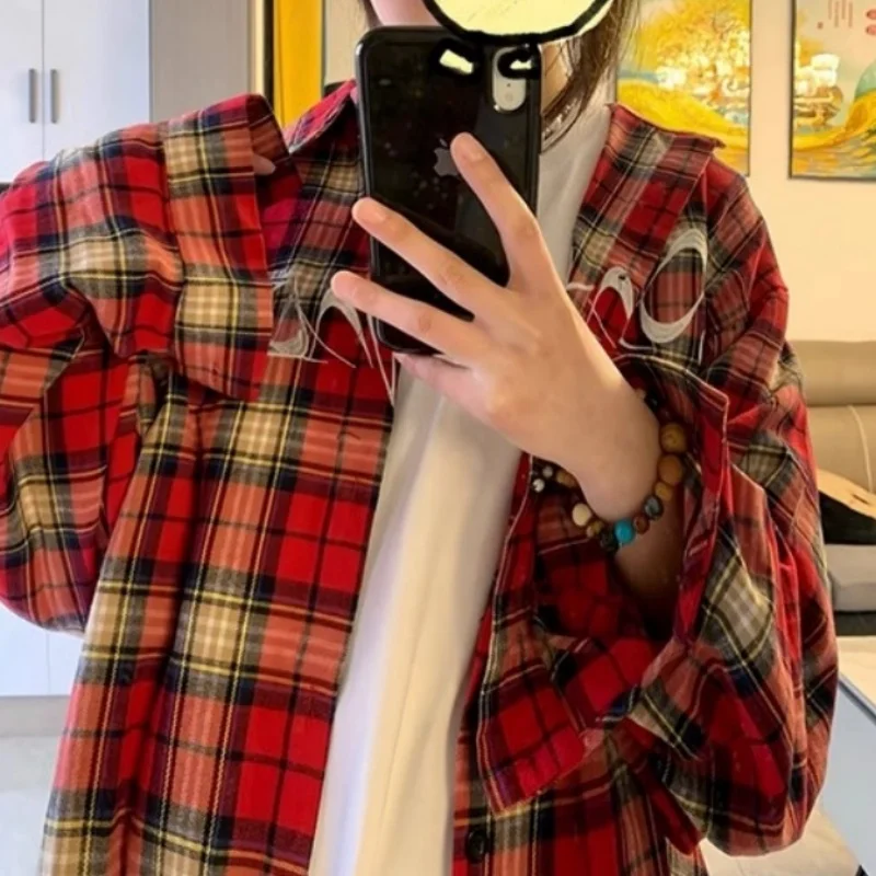 

Американская женская рубашка-жакет с длинным рукавом, красная, в клетку, с вышивкой, свободного кроя, весенняя, в стиле High Street, тонкая верхняя одежда