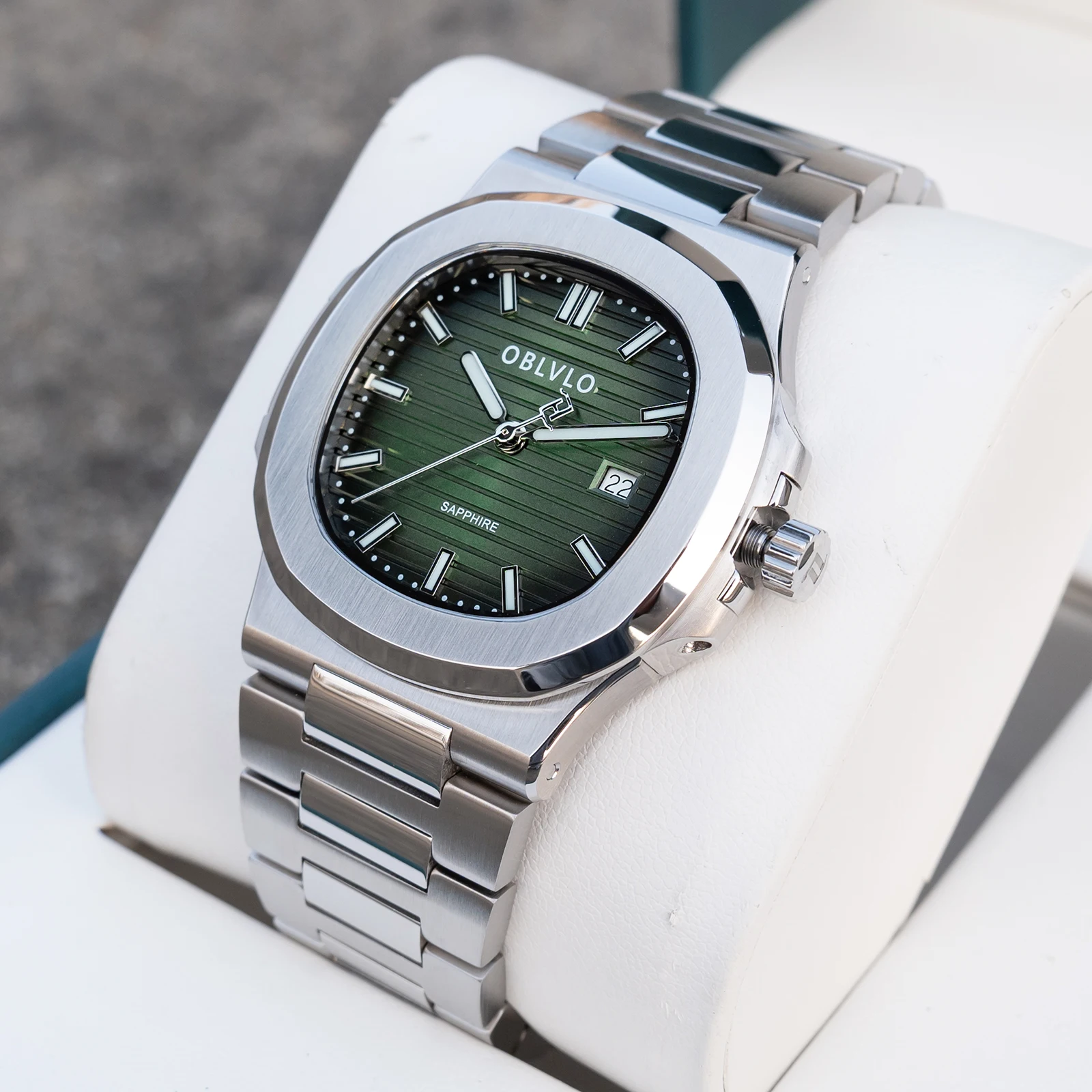 

OBLVLO Men's Luxury Stainless Steel Green Watch Swiss Quartz Luminous Hands Square Case Casual TimepieceFM-YWL