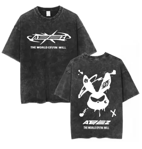 

Ateez World Tour 2025 Towards The Light Will To Power Retro Wash T-shirt Men's and Women's K-Pop T-shirt Cotton T-shirt Top