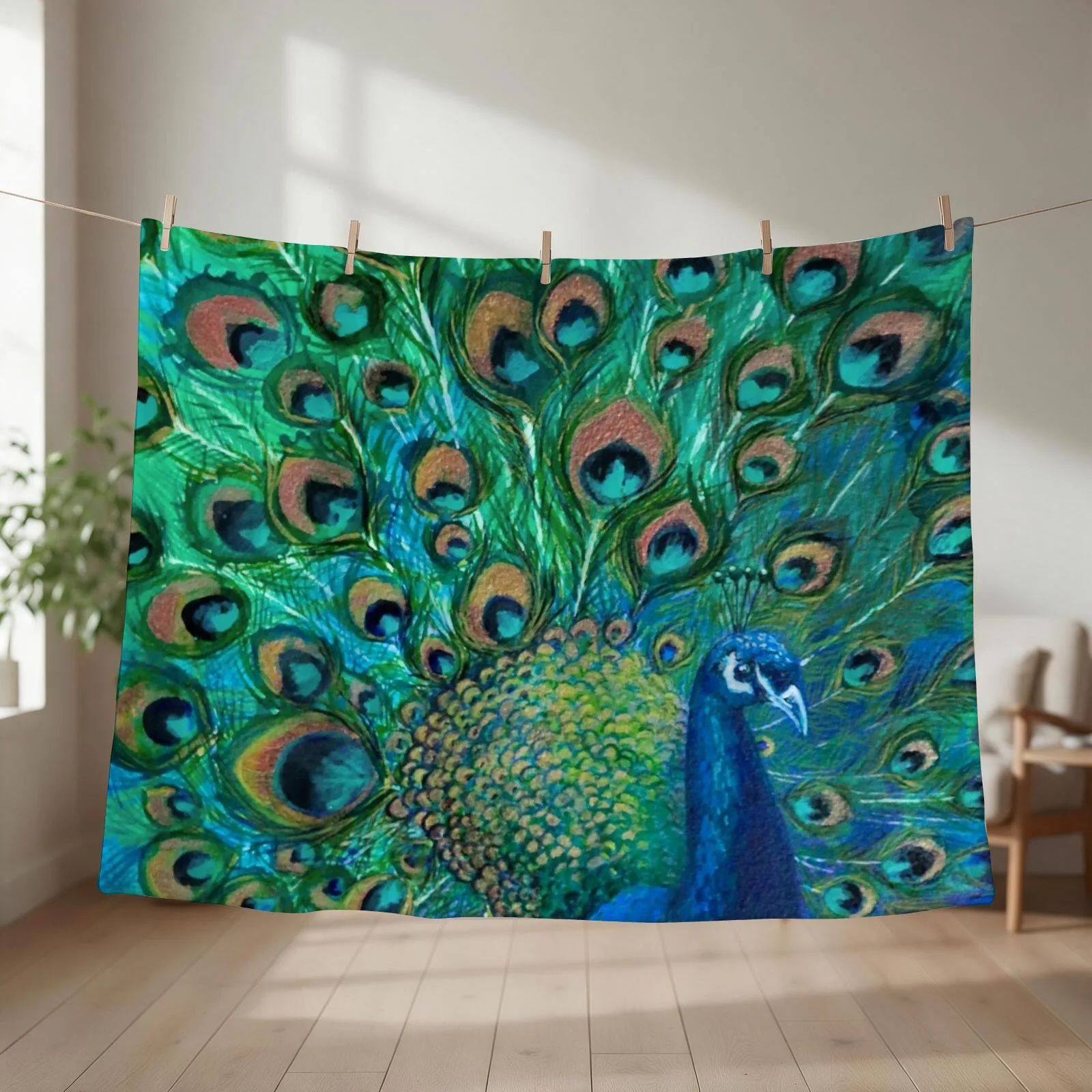 Blue Green Peacock Throw Blanket couch cozy soft plush fuzzy picnic outdoor blanket