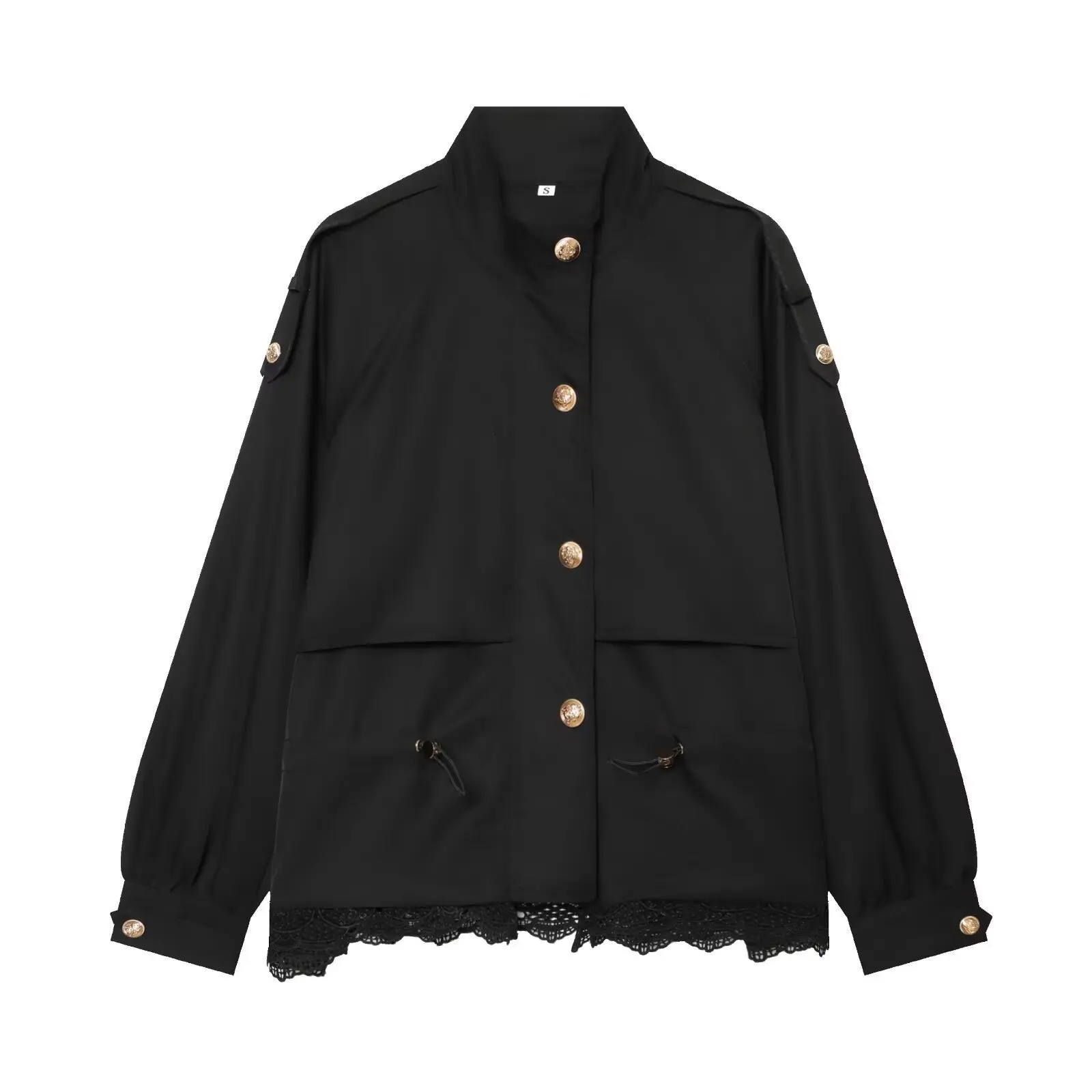 Damen Stehkragen Metallknopf Kurzer Trenchcoat Elegante Spitzenverzierung am Rücken mit Kordelzug in der Taille Damenjacke Windbreaker Oberbekleidung – Detail 4