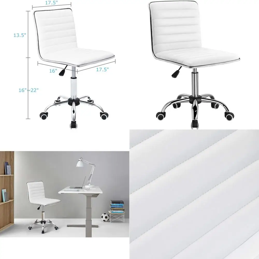 

White Retro Style Low Back Swivel Office Chair with Ribbed PU Leather for Makeup Room or Desk Use