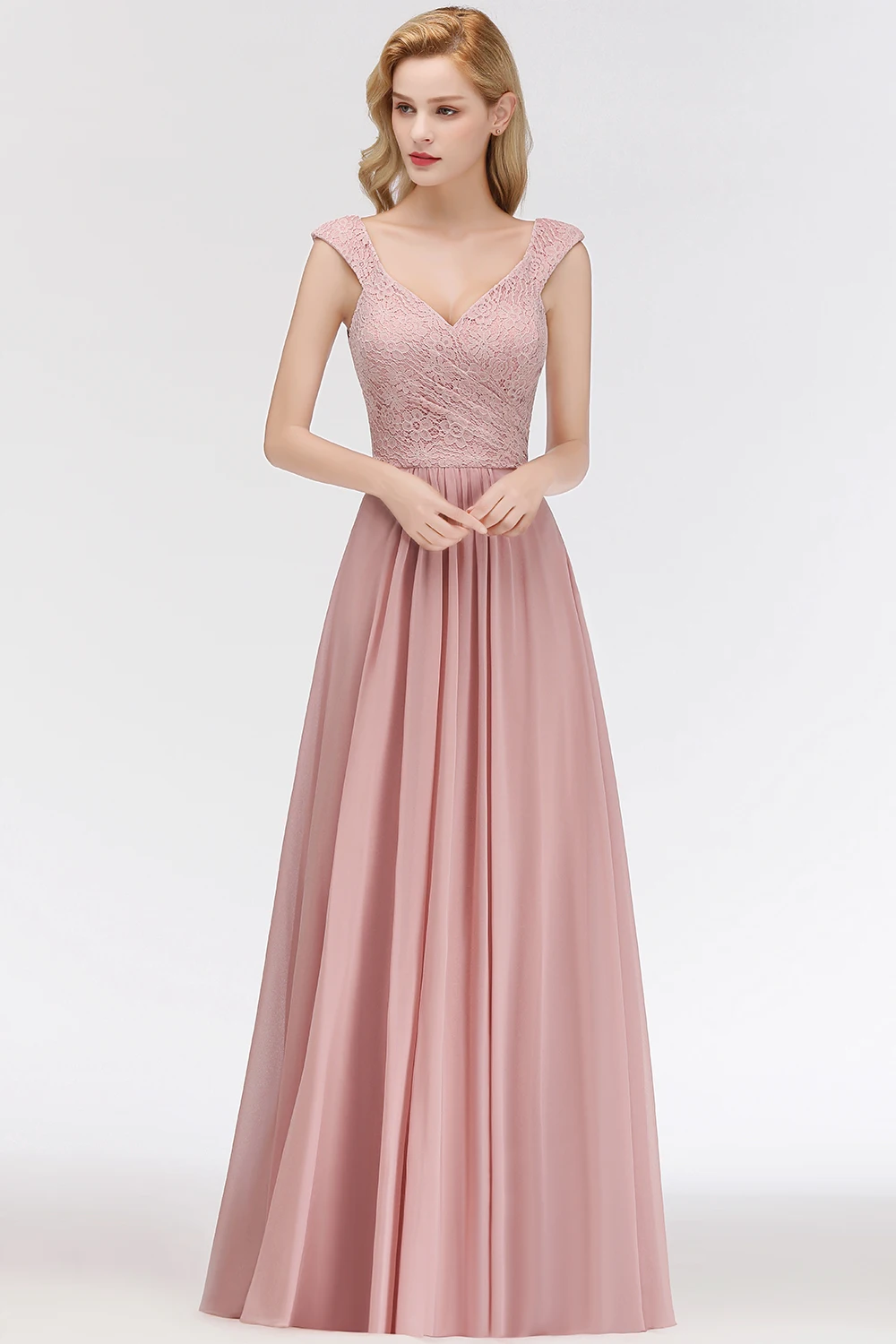 Dusty Pink Lace Chiffon Long Evening Dresses Women A-line Sleeveless Bridesmaid Formal Wedding Party Prom Gowns Robe De Soiree