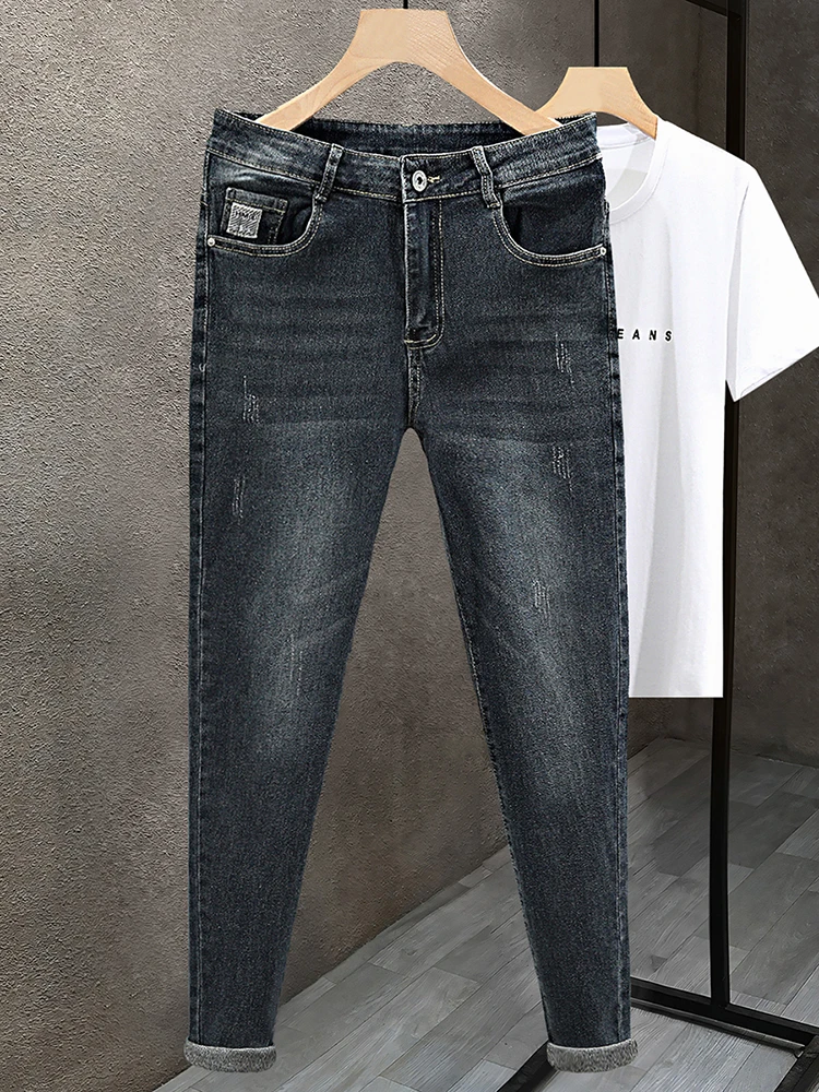 

Летние тонкие мужские джинсы в стиле ретро, облегающие повседневные эластичные длинные брюки из девяти предметов, молодежные модные износостойкие брюки со средней талией синего цвета