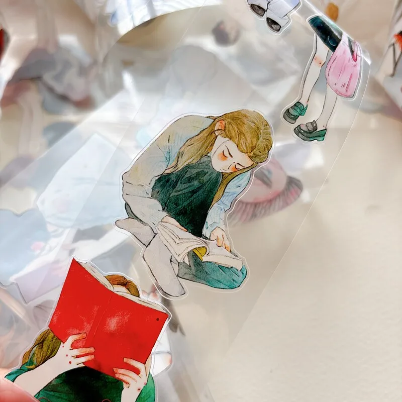 60mm-10m-cute-girl-character-reading-book-landscape-pet-tape-creative-diy-journal-material-collage-scrapbooking-stationery