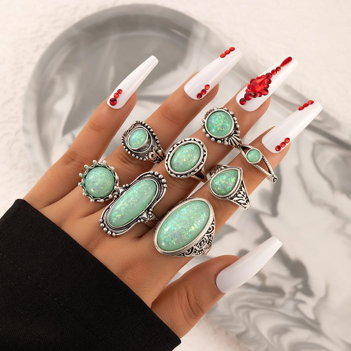Tocona Vintage Antique Silver Color Rings Sets Colorful Opal Crystal Stone Carve for Women Men Bohemian Jewelry Anillos 6421