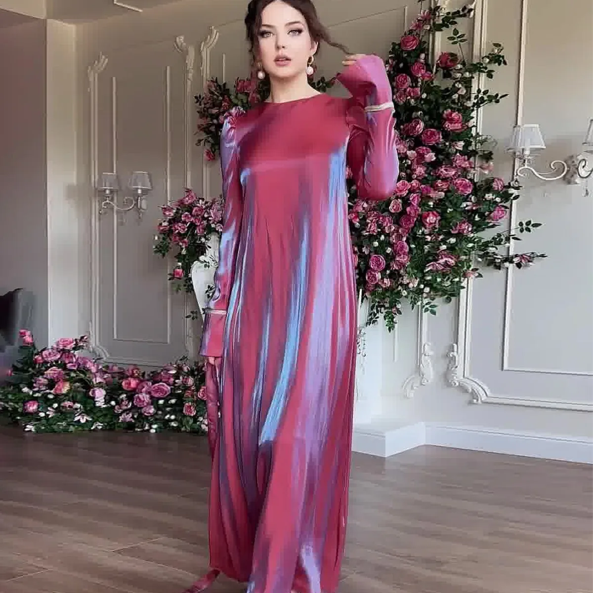 Damenbekleidung 2024, neue leise Farbe, Maxi, funkelndes Glas, Satin, Saudi-Arabien, Dubai, elegantes, großes Schaukel, lockeres Damen-langes Kleid