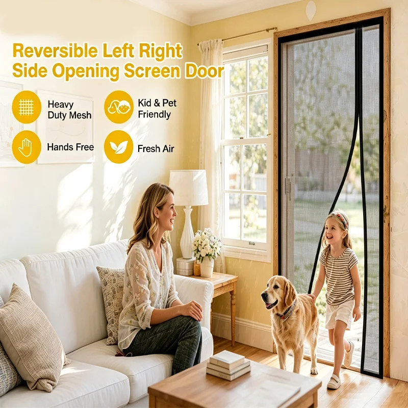 Magnetic Screen Door Mosquito Net Side Opening Proof Invisible Fiberglass Mesh Black Curtain Auto Closing No-Drill Installation