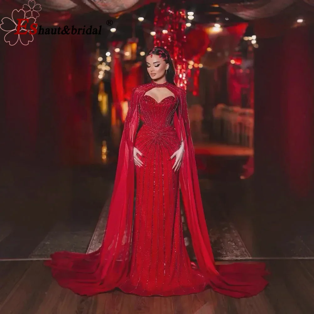 Eshaut & Bridal Elegante abito da sera a sirena per donna con maniche a mantella 2025 Abito lungo da cerimonia nuziale formale da ballo personalizzato