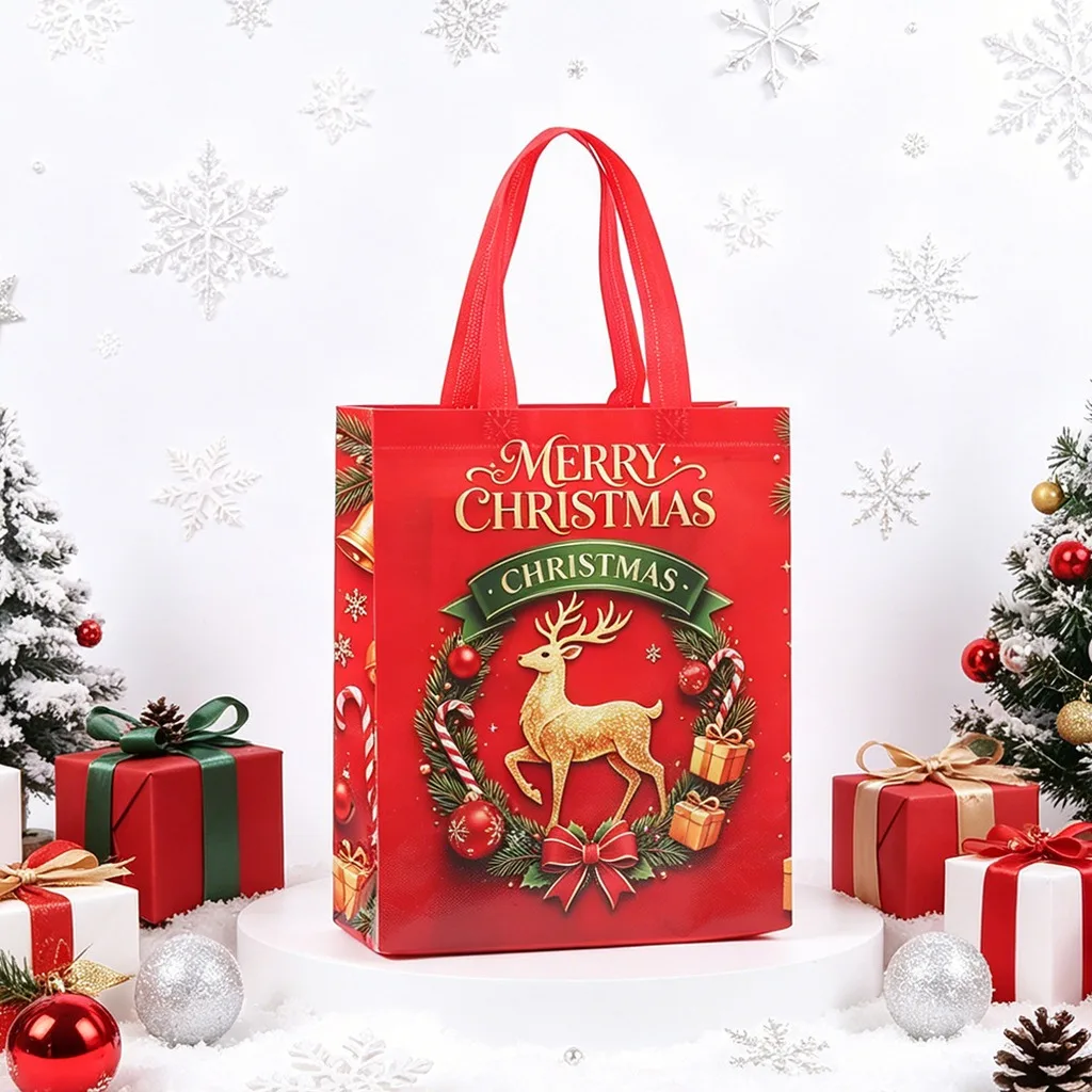 Merry Christmas Tote Bag Reusable Non-Woven Shopping Bag Portable Gift Storage Handbag Xmas Party Holiday Grocery Shopper Bags