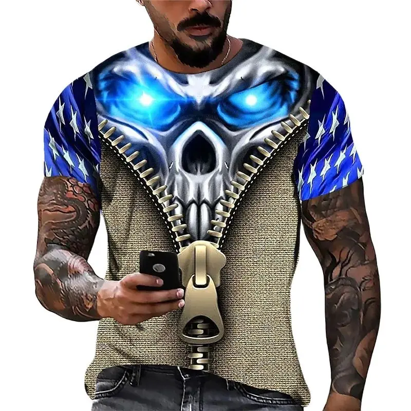 Camiseta con estampado 3D de calavera para hombre, camisa de manga corta de gran tamaño, estilo Punk, ropa de muerte, 2022