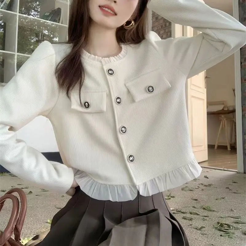 

French Style Aura Short Shirt Spring Autumn Solid Color Women's Clothing Fashion Ruffles Patchwork Commute Long Sleeve Blouse