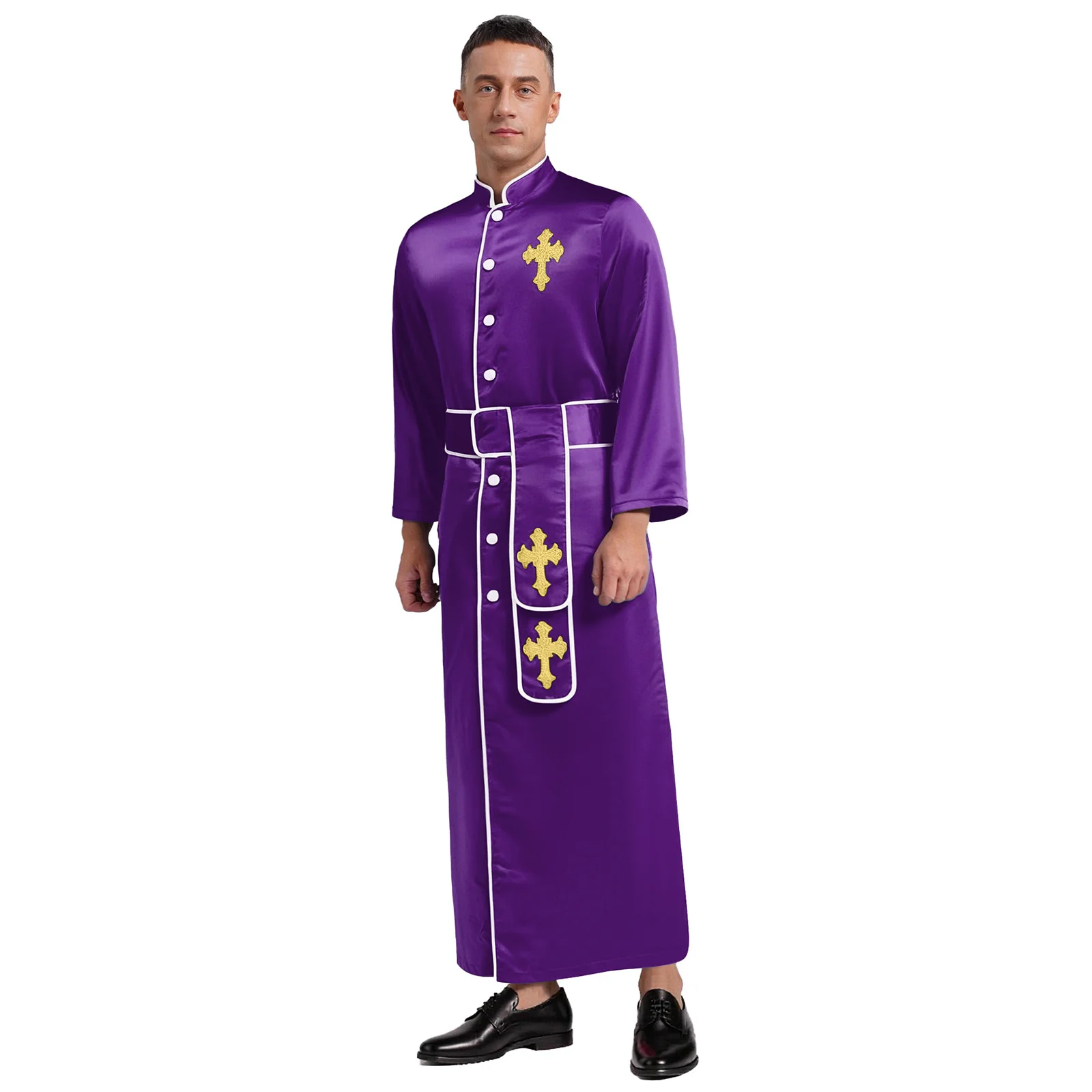 

Men's Church Priest Clergy Robe with Belt Shiny Cross Embroidery Cassock Long Jackets for Halloween Pastor Cosplay Costumes