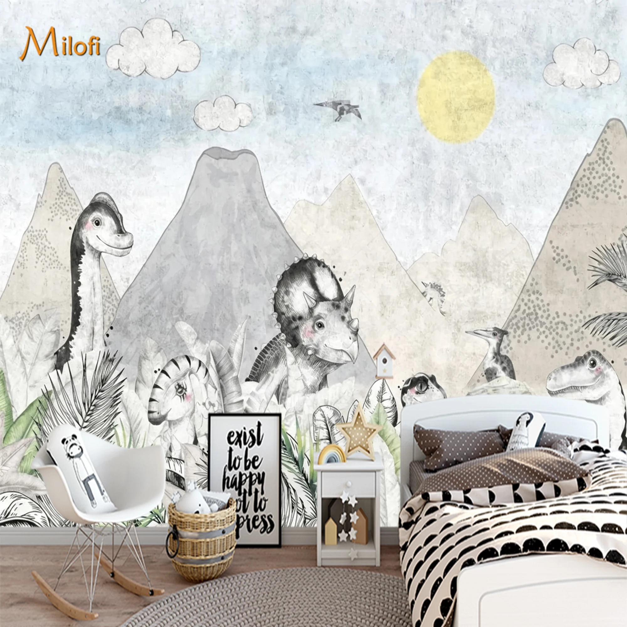 Kids Dinosaur World Wallpaper Custom 3D Peel Stick Wall Mural Watercolor Volcano Mountain Dino Boys Nursery Home Wall Decoration