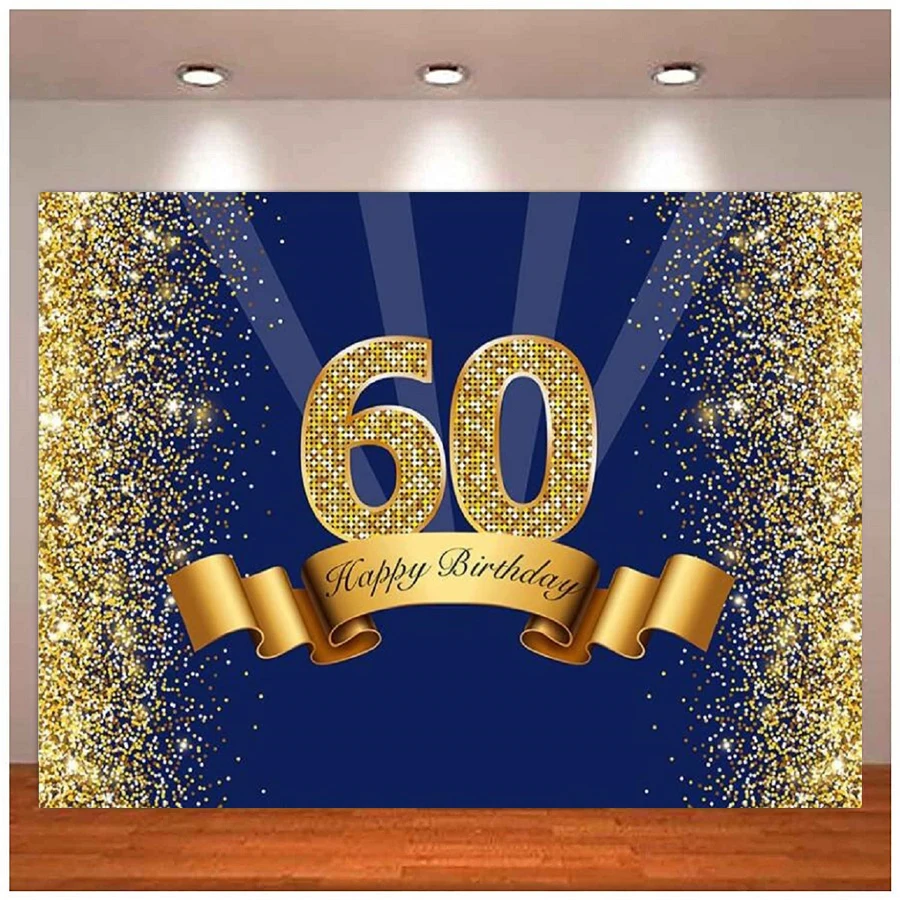 Photography Backdrop Navy Blue And Glitter Gold Sixty Years Old Background Shiny For Men Happy Birthday 60th Party Decor Banner