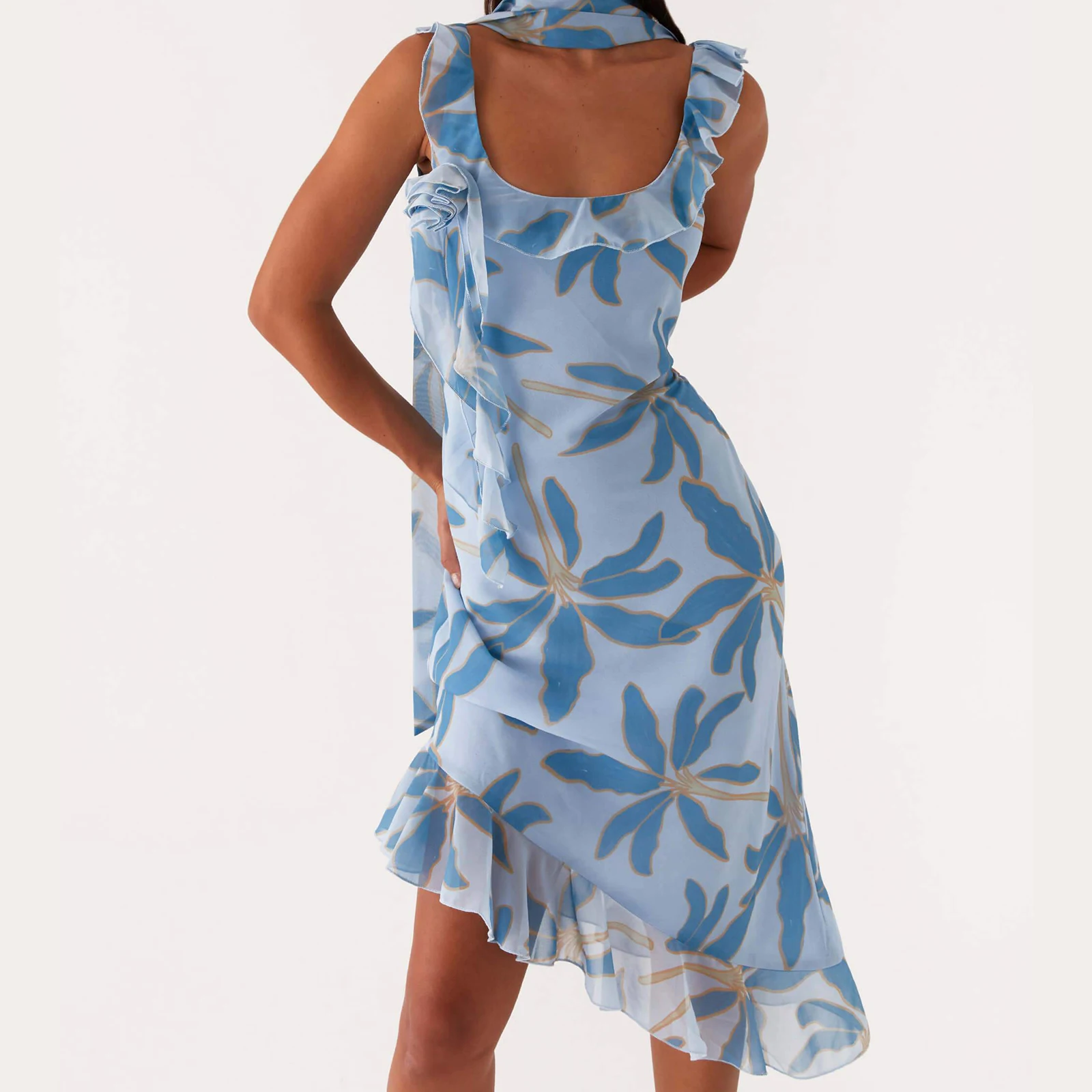 2025 elegante feminino verão midi tanque vestido u pescoço plissado guarnição 3d flor apliques em camadas decoração vestido com lenço