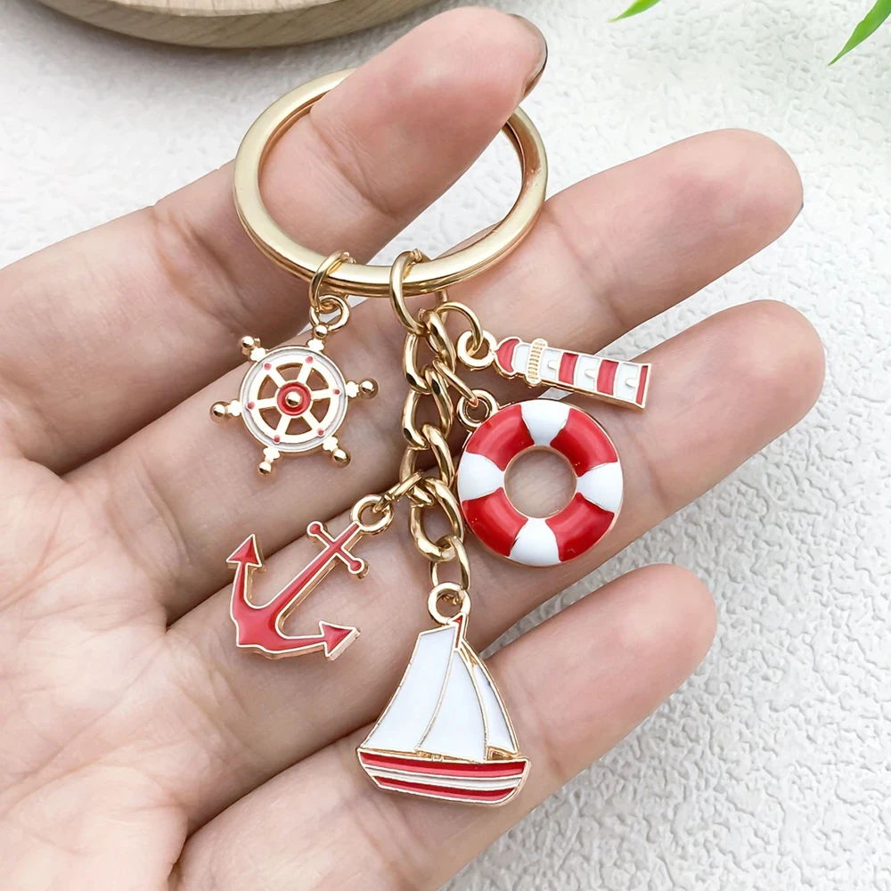 Mini Metal Sailboat Lighthouse Life Buoy Pendant Keychain Enamel Anchor Key Holder Backpack Decor Marine Worker'S Souvenir Gift - view 3